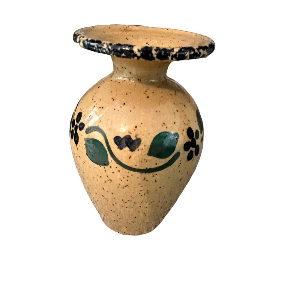 Vintage Three Rivers Pottery Vase Green Vines Blue Flowers 6" tall 1996